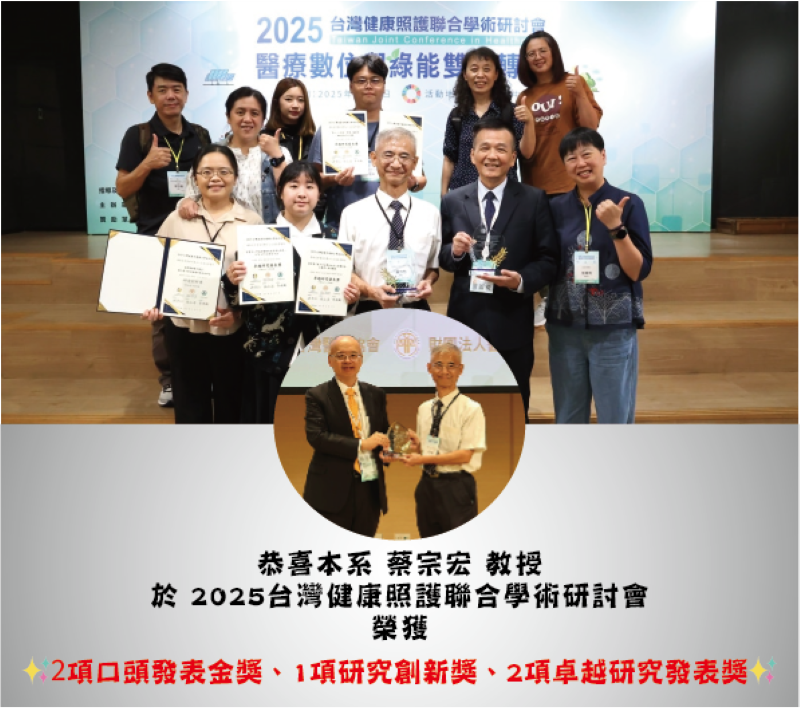 恭喜本系蔡宗宏教授於2025台灣健康照護聯合學術研討會獲獎